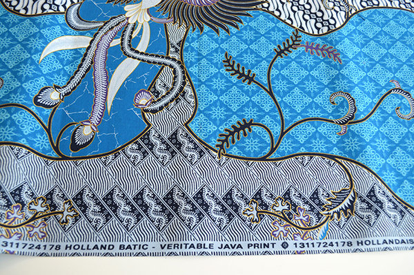 Stof batikkatoen kraanvogels blauw met goud